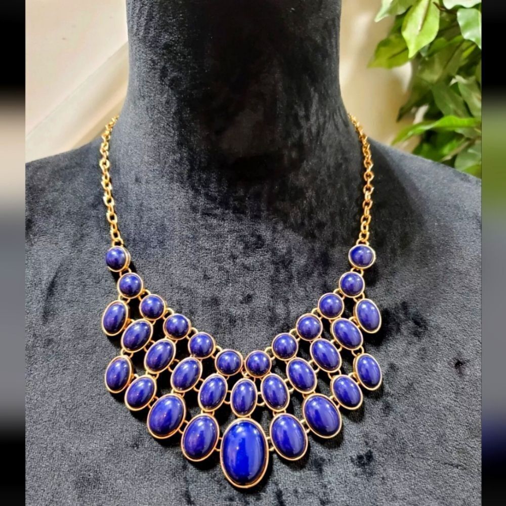 Blue Rhinestone Gold Chain Statement Necklace Vtg